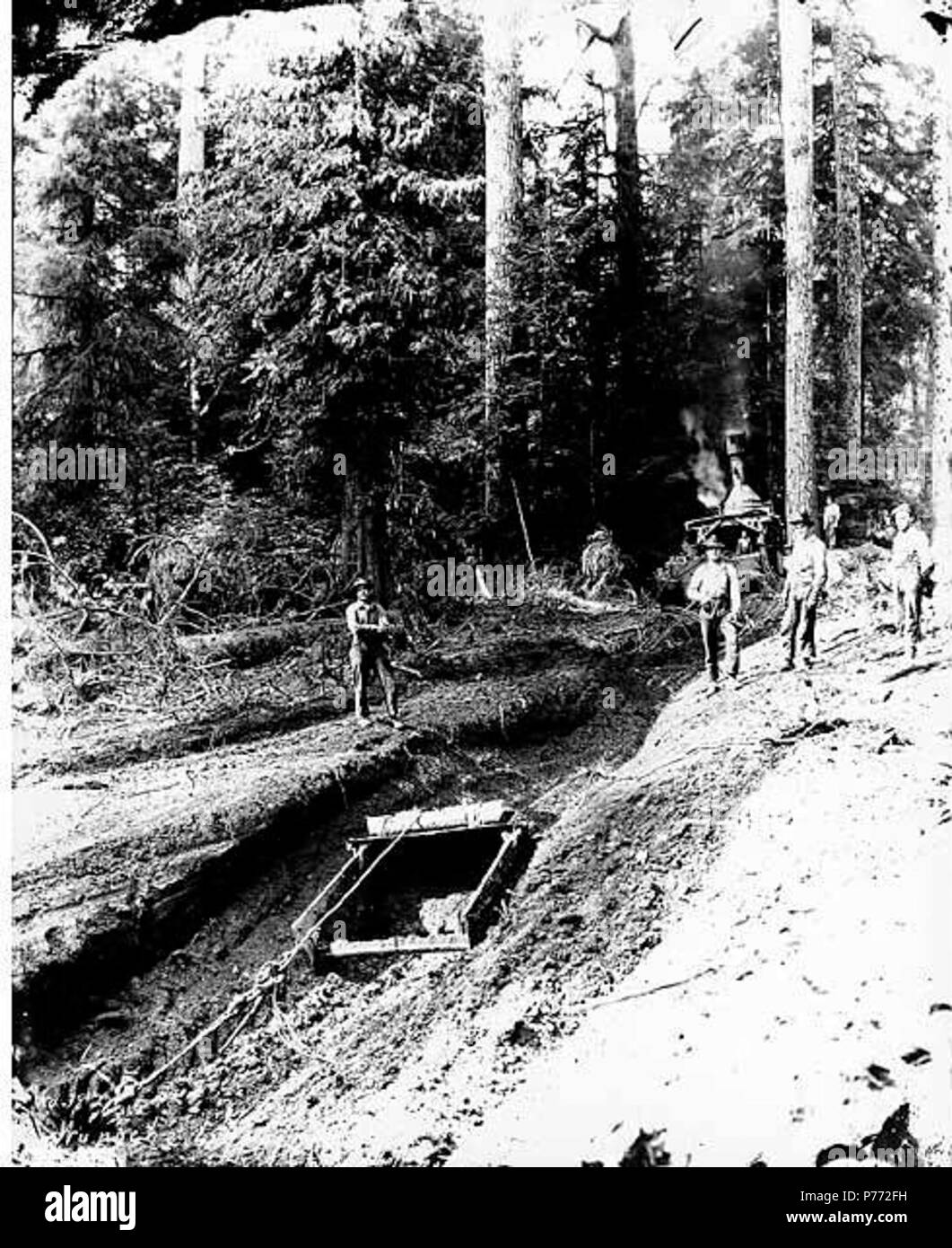. Inglese: equipaggio di costruzione e dragline benna con motore di asino in background, Wynooche Timber Company, vicino Montesano, ca. 1921 . Inglese: didascalia sull'immagine: Registrazione Wynoche Co. C. Kinsey foto, Seattle. No. 382 PH Coll 516.5194 Il Wynooche Timber Company ha iniziato le operazioni di ca. 1913 con sede a Hoquiam e operazioni di registrazione in Montesano. È stato chiamato con il nome di Valle Wynooche nella zona nord-est di Grays Harbor County. Wynooche Timber Company è stato comprato dalla Schafer Fratelli Logging Company ca. 1927. Montesano, la sede della contea di Grays Harbor County, è otto miglia a est di Aberdeen sul Cheha Foto Stock