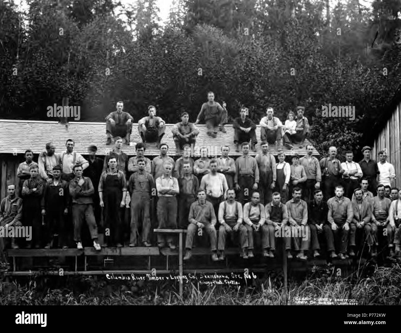 . Inglese: equipaggio in posa da camp office, Columbia River Timber Company, Skamokawa, ca. 1918 . Inglese: Il Columbia River Timber Company aveva sede a Portland, Oregon, e campi di Goble, Oregon, Skamokawa e Yacolt, Washington. Didascalia sulla immagine: Columbia River legname registrazione + Co., Skamokawa, minerale, n. 6 PH Coll 516.708 Columbia River Timber Company operati nei primi anni del ventesimo secolo in Columbia River basin area con campi in Goble di contea Columbia, Yacolt della contea di Clark e Skamokawa di Wahkiakum County. Goble era una fermata sulla Goble, Nehalem & Pacific Railway. Argomenti Foto Stock