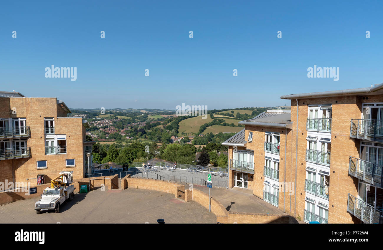 La Exeter University, Streatham Campus, Exeter Devon, Inghilterra, Regno Unito. Valutazione e alloggi per studenti di edifici si affacciano sulla Valle di Exe area del Devon Foto Stock