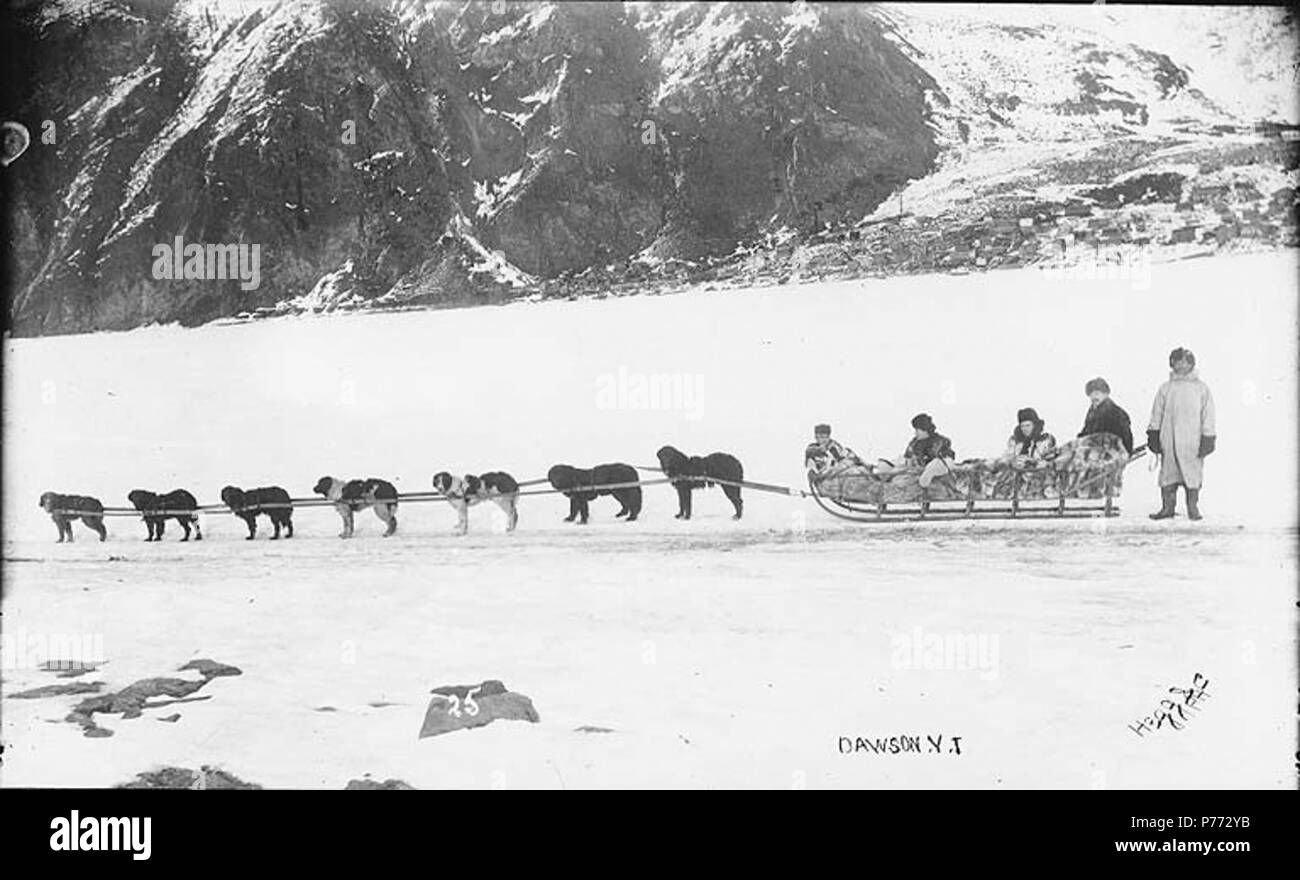 . Inglese: Dogsled team con cinque persone al di fuori di Dawson, Yukon Territory, ca. 1898. Inglese: didascalia sull'immagine: 'Dawson Y.T.' n. 25 appare in basso a sinistra al centro dell'immagine. Soggetti (LCTGM): squadre di cani--Yukon--Dawson; slitte e slittini--Yukon--Dawson . circa 1898 4 Dogsled team con cinque persone al di fuori di Dawson, Yukon Territory, ca 1898 (HEGG 210) Foto Stock