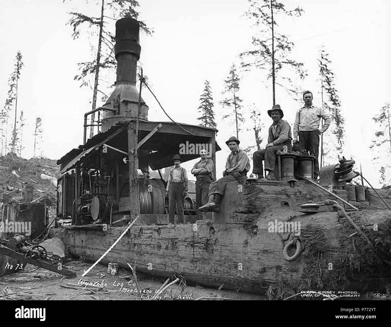 . Inglese: Asino motore ed equipaggio con gas powered vide utilizzato per il taglio di legno per combustibile, Wynooche Timber Company, vicino Montesano, ca. 1921 . Inglese: didascalia sull'immagine: Wynoche Log. Co., Montesano, Wn. C. Kinsey foto, Seattle. No. 73 PH Coll 516.5169 Il Wynooche Timber Company ha iniziato le operazioni di ca. 1913 con sede a Hoquiam e operazioni di registrazione in Montesano. È stato chiamato con il nome di Valle Wynooche nella zona nord-est di Grays Harbor County. Wynooche Timber Company è stato comprato dalla Schafer Fratelli Logging Company ca. 1927. Montesano, la sede della contea di Grays Harbor County, si trova a 8 miglia ad est di Aberd Foto Stock