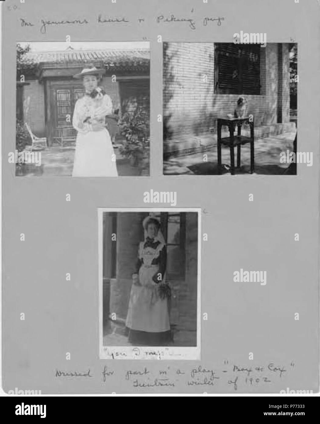 . Inglese: Effie con il cane di fronte il sig. Jamieson's house e vestito per party, 1902 . Inglese: le didascalie in senso orario da sinistra in alto: Effie con il cane di fronte il sig. Jamieson's House di Pechino pug nella parte anteriore del sig. Jamieson's house, Effie indossando una cameriera vestito della scritta sulla pagina: vestito per la parte in un gioco-'Box e Cox.' Tientsin, inverno del 1902. PH Coll 214.C20 . 1902 4 Effie con il cane nella parte anteriore del signor Jamieson's house e vestito per party, 1902 (CHANDLESS 95) Foto Stock . Inglese: Effie con il cane di fronte il sig. Jamieson's house e vestito per party, 1902 . Inglese: le didascalie in senso orario da sinistra in alto: Effie con il cane di fronte il sig. Jamieson's House di Pechino pug nella parte anteriore del sig. Jamieson's house, Effie indossando una cameriera vestito della scritta sulla pagina: vestito per la parte in un gioco-'Box e Cox.' Tientsin, inverno del 1902. PH Coll 214.C20 . 1902 4 Effie con il cane nella parte anteriore del signor Jamieson's house e vestito per party, 1902 (CHANDLESS 95) Foto Stock