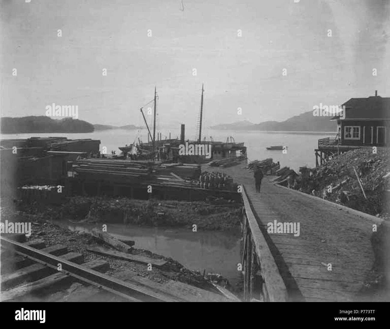 . Inglese: banchine di carico al Waterfront per la movimentazione di legname e di materiali di consumo, Cordova , ca. 1908 . Inglese: Costruzione fotografie del fiume di rame e ferrovie nord-occidentale lungo il fiume di rame da 1906-1911. PH Coll 375.6 soggetti (LCTGM): banchine di carico -- Alaska--Cordova; porti -- Alaska--Cordova . 1908 7 banchine di carico al Waterfront per la movimentazione di legname e di materiali di consumo, Cordova , ca 1908 HEGG (739) Foto Stock