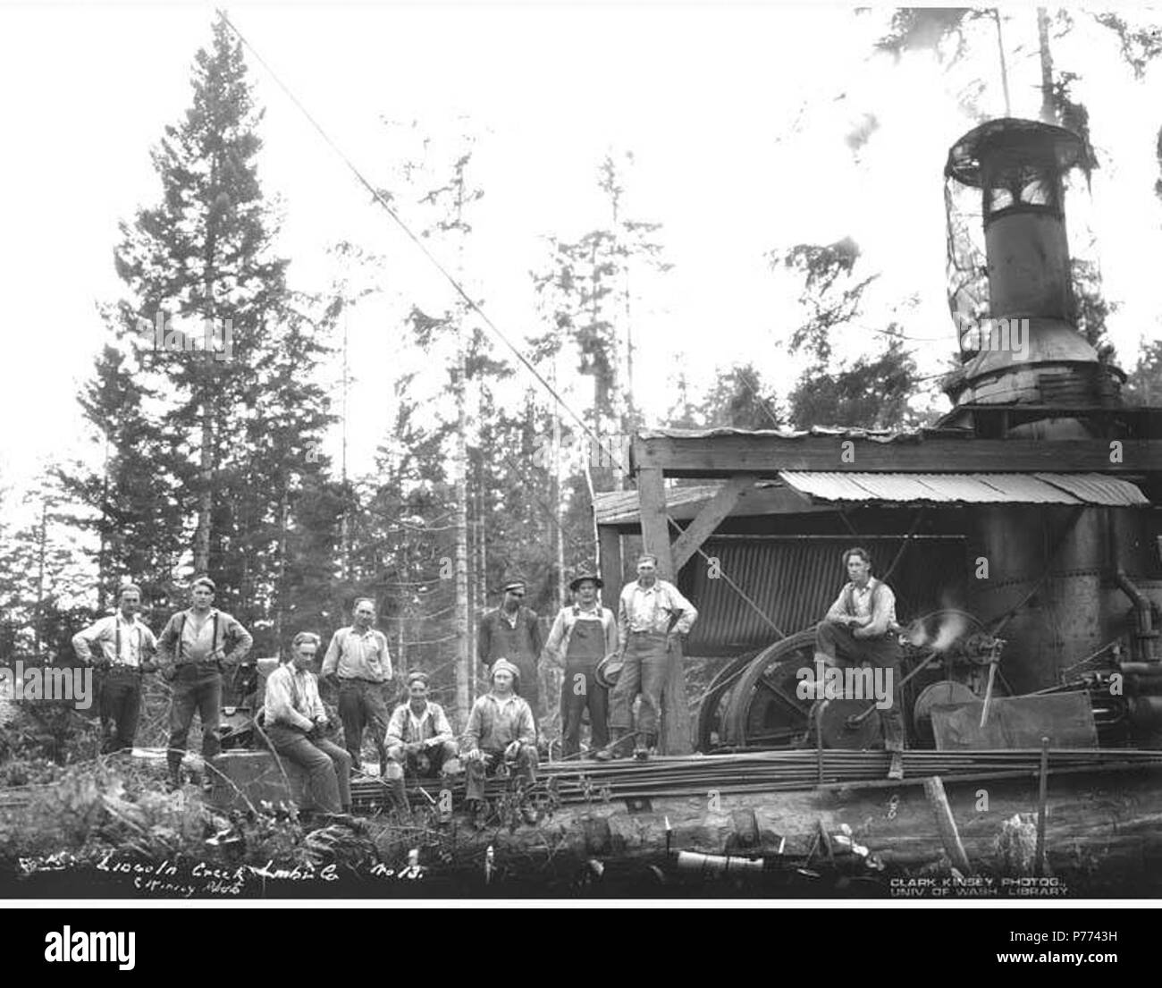 . Inglese: Registrazione equipaggio e motore di asino, Lincoln Creek Lumber Company, ca. 1920 . Inglese: didascalia sull'immagine: Lincoln Creek Lmbr Co. C. Kinsey foto. No. 13 PH Coll 516.1763 Lincoln Creek legname della Società le operazioni di registrazione sono state in business da ca. 1906 a ca. 1932, con sede a Centralia e operazioni di registrazione in base a Galvin. Galvin è una comunità a quattro miglia a nord-ovest di Centralia vicino al Lincoln Creek nel nord-ovest della contea di Lewis. Il 3 giugno 1910, è stato placcato da Galvin, Teal Company. Nel 1911, è stato chiamato con il nome di John Galvin, la città del fondatore. Prima di platting, era stato chiamato Li Foto Stock