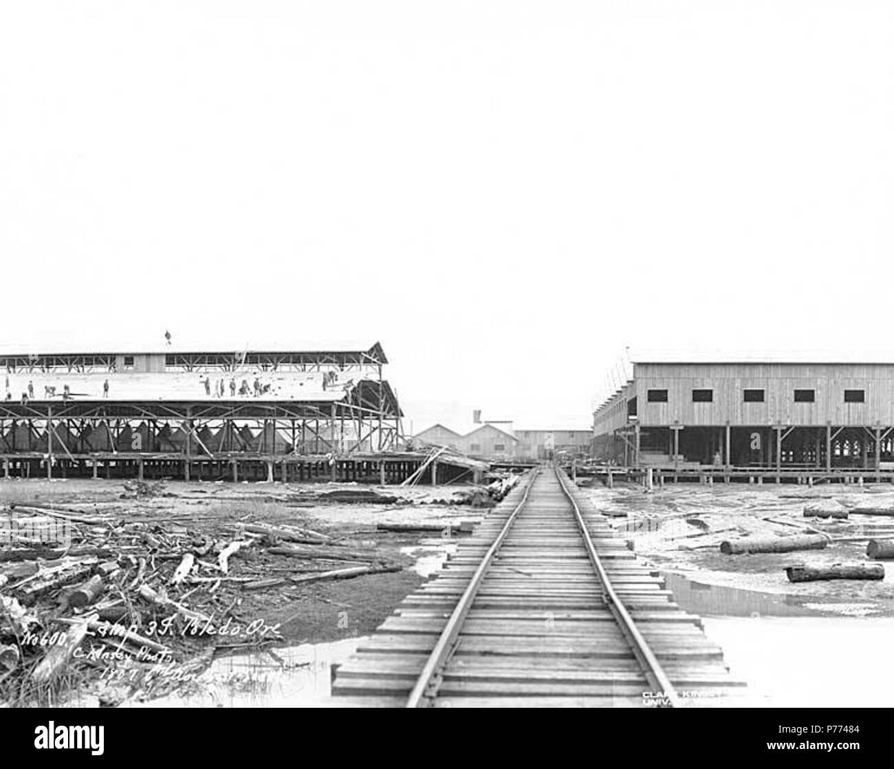 . Inglese: mulino di legname in costruzione, Divisione di abete camp 3F, Toledo, Oregon, ca. 1918 . Inglese: didascalia sull'immagine: Camp 3F, Toledo, Ore. C. Kinsey foto, 1807 6 Ave. West, Seattle. No. 600 PH Coll 516.4581 soggetti (LCTGM): log; i binari della ferrovia--Oregon--Toledo; industria del legname--Oregon soggetti (LCSH): segherie--Oregon--Toleda--progettazione e costruzione . circa 1918 8 mulino di legname in costruzione, Divisione di abete camp 3F, Toledo, Oregon, ca 1918 (KINSEY 760) Foto Stock