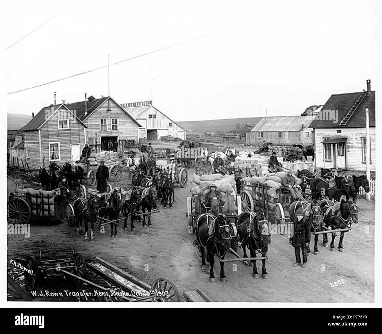 . Inglese: carri merci, di uomini e cavalli fuori W.J. Rowe Transfer Co., Nome, Ottobre 26, 1907 . Inglese: didascalia sull'immagine: W.J. Rowe Trasferimento, Nome, Alaska, Ottobre 26th, 1907. F.H. Nowell, 5885] Soggetti (LCTGM): i negozi & Negozi -- Alaska--Nome; Freight & noli--Alaska--Nome; carrelli e carri--Alaska--Nome; cavalli--Alaska--Nome soggetti (LCSH): W.J. Rowe società di trasferimento . 1907 5 carri merci, di uomini e cavalli fuori WJ Rowe trasferimento Co, Nome, Ottobre 26, 1907 (NOWELL 190) Foto Stock