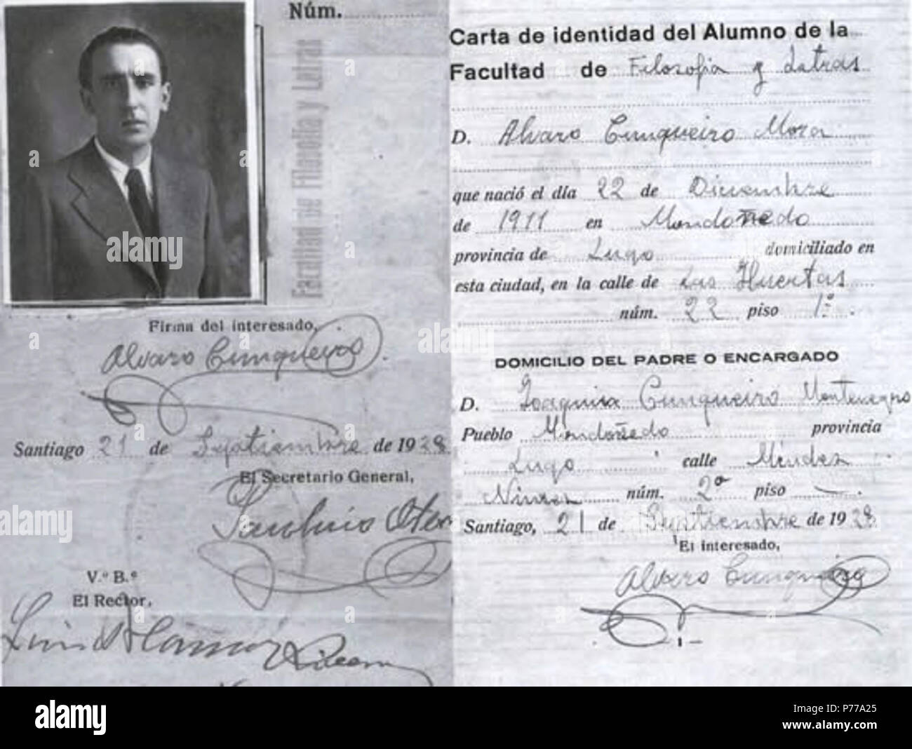 15 Carta de identidad del alumno de la Facultad Álvaro Cunqueiro Foto Stock