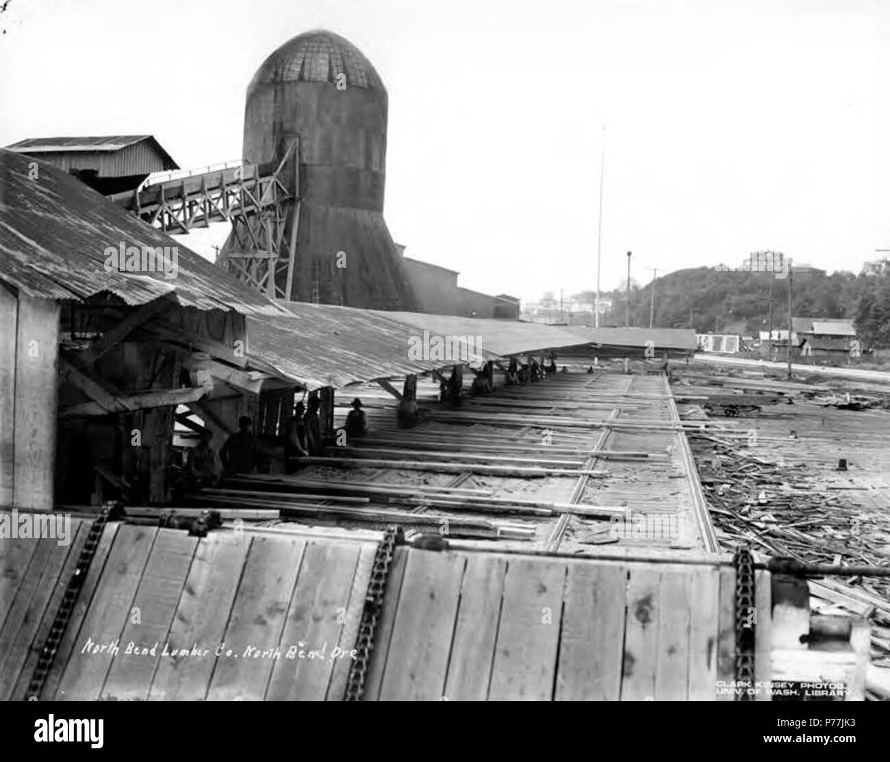 . Inglese: catena di smistamento, North Bend Mill & Lumber Company, North Bend, ca. 1920 . Inglese: didascalia sull'immagine: North Bend Lumber Co. North Bend, il minerale . PH Coll 516.2344 Il North Bend Mill & Lumber Company è stata fondata nel 1900 da Asa Simpson ed era situata in North Bend in Coos County, Oregon. Dal 1920, il suo presidente è stato Charles K. Hudson. La società di proprietà di sette chilometri di ferrovia via e trasportato log a San Francisco e San Pedro da schooner. La società è stata venduta nel 1923, insieme con il legname Buehner Company, di un sindacato di orientale e meridionale le società di registrazione chiamato la Stout Foto Stock