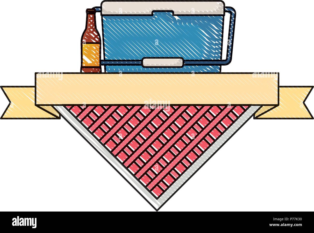 Emblema di pic-nic con prodotti alimentari e dello scambiatore di calore bottiglia di birra su sfondo bianco, illustrazione vettoriale Illustrazione Vettoriale