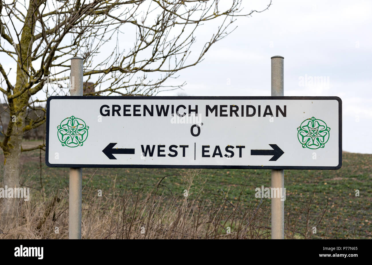 Il meridiano di Greenwich segno a Patrington in East Yorkshire Foto Stock