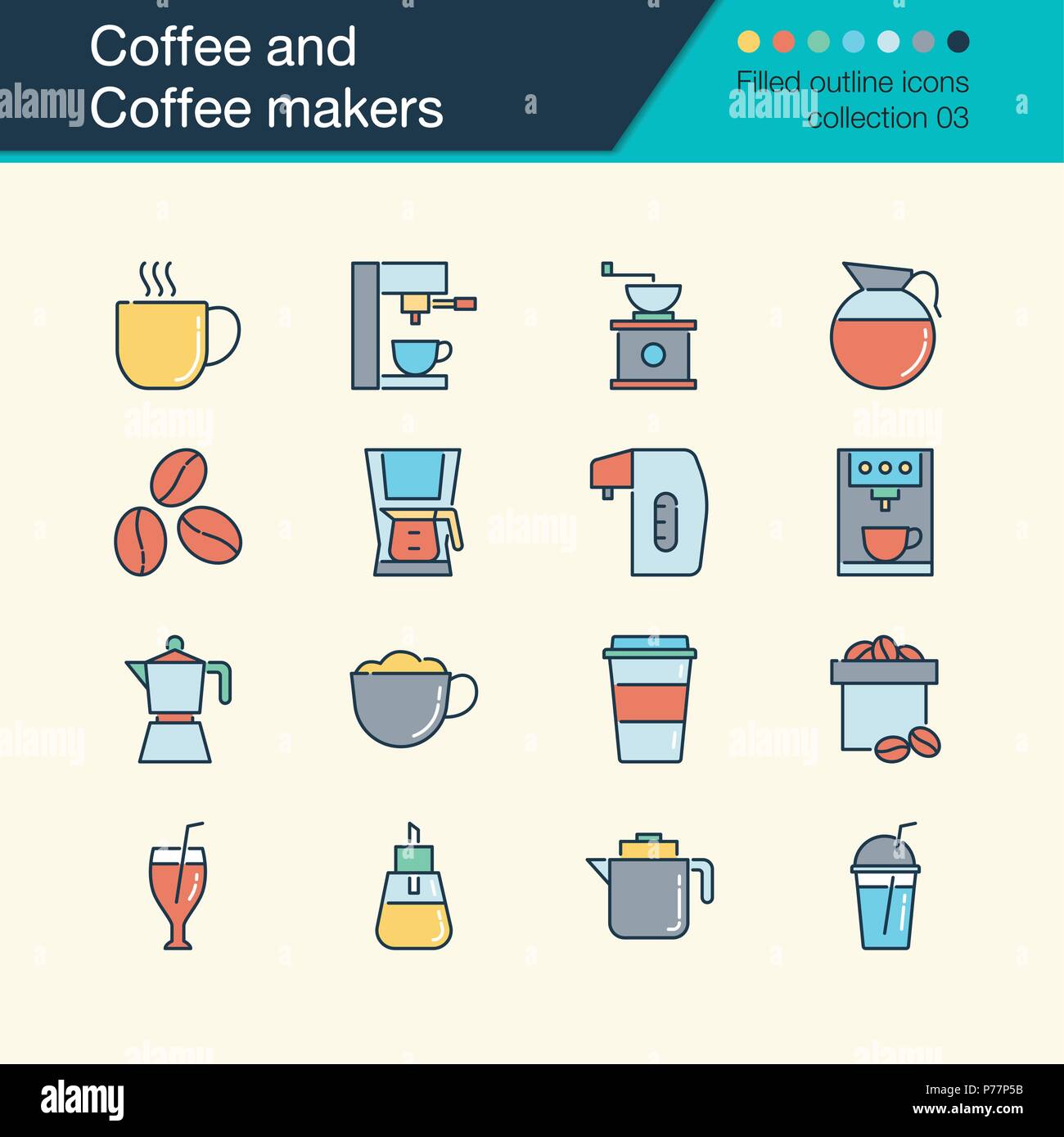 Caffè e caffè icone. Profilo pieno design collection 3. Per la presentazione, la progettazione grafica, l'applicazione mobile, web design, infographics. Ve Illustrazione Vettoriale