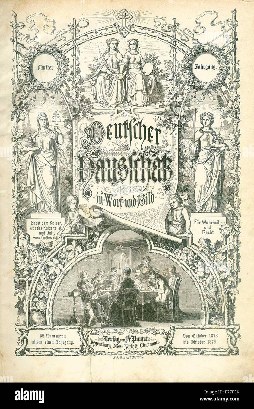 Inglese: Coperchio dell'ottobre 1878 edizione della cultura tedesca e di religione rivista 'Deutscher Hausschatz' (Tedesco Home tesoro). Deutsch: Titelblatt der weit verbreiteten katholischen deutschen Kulturzeitschrift 'Deutscher Hausschatz in Wort und Bild'. Ausgabe vom Oktober 1878 . Ottobre 1878 26 Deutscher Hausschatz Oktober 1878 Foto Stock