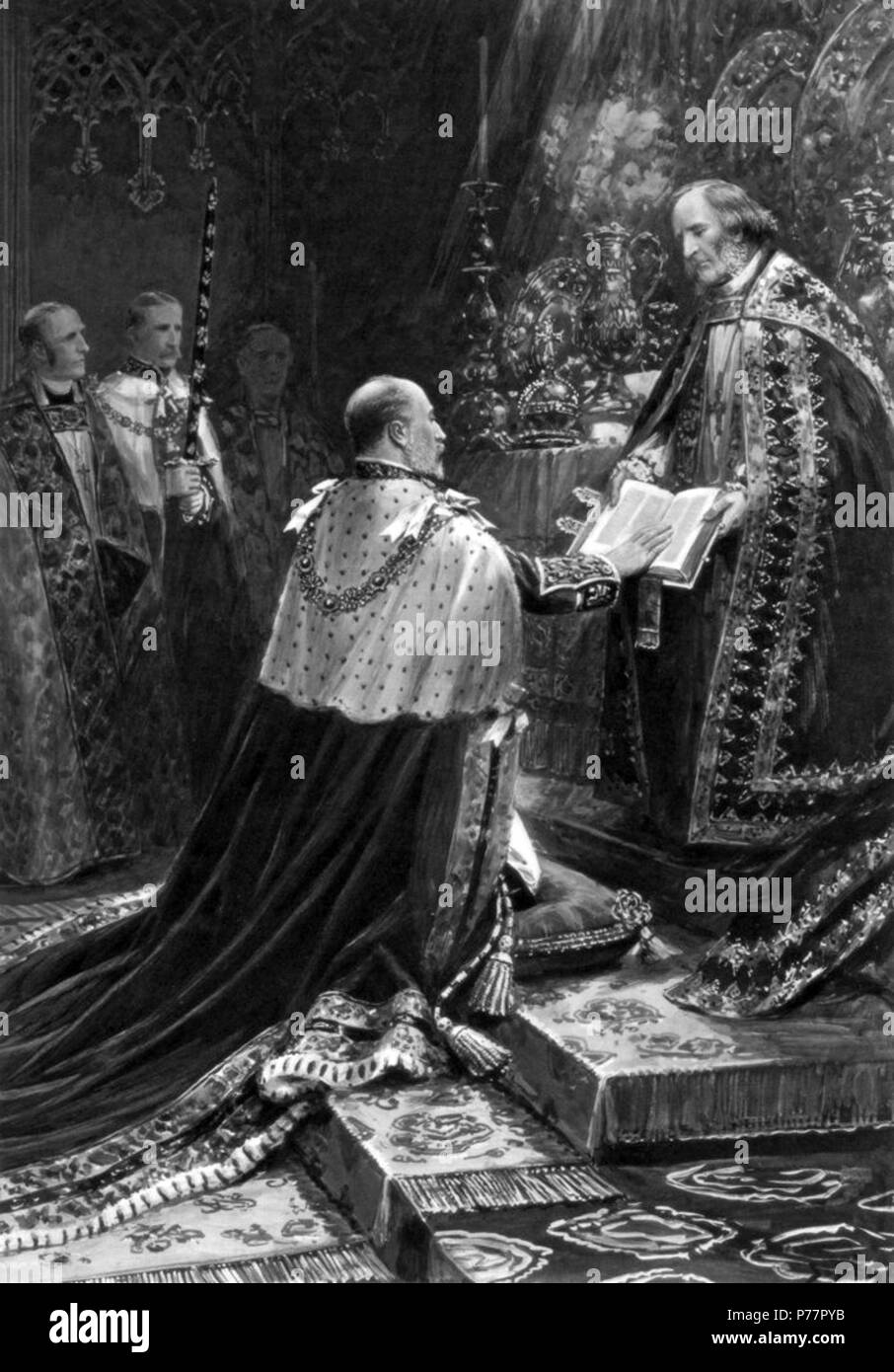 Inglese: Edward VII tenendo il giuramento a sua incoronazione nel 1902. 1902 27 Edward VII incoronazione giuramento 1902 Foto Stock