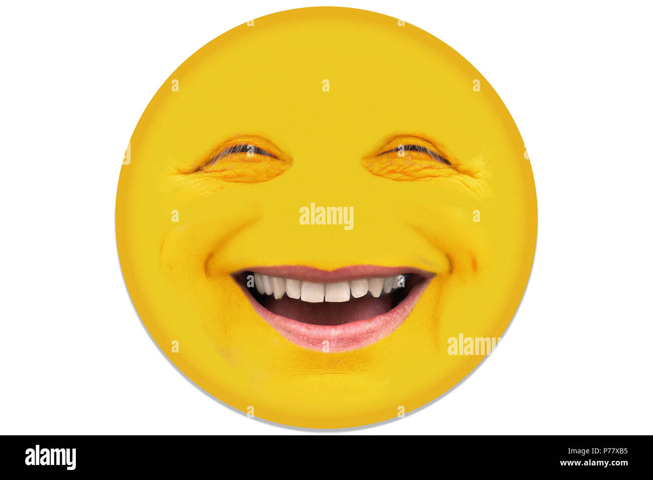 Un uomo nella sua metà 40s ride. Le caratteristiche facciali di avere un sacco di espressioni facciali. Il volto è circolare tagliata e isolata contro uno sfondo bianco. Foto Stock