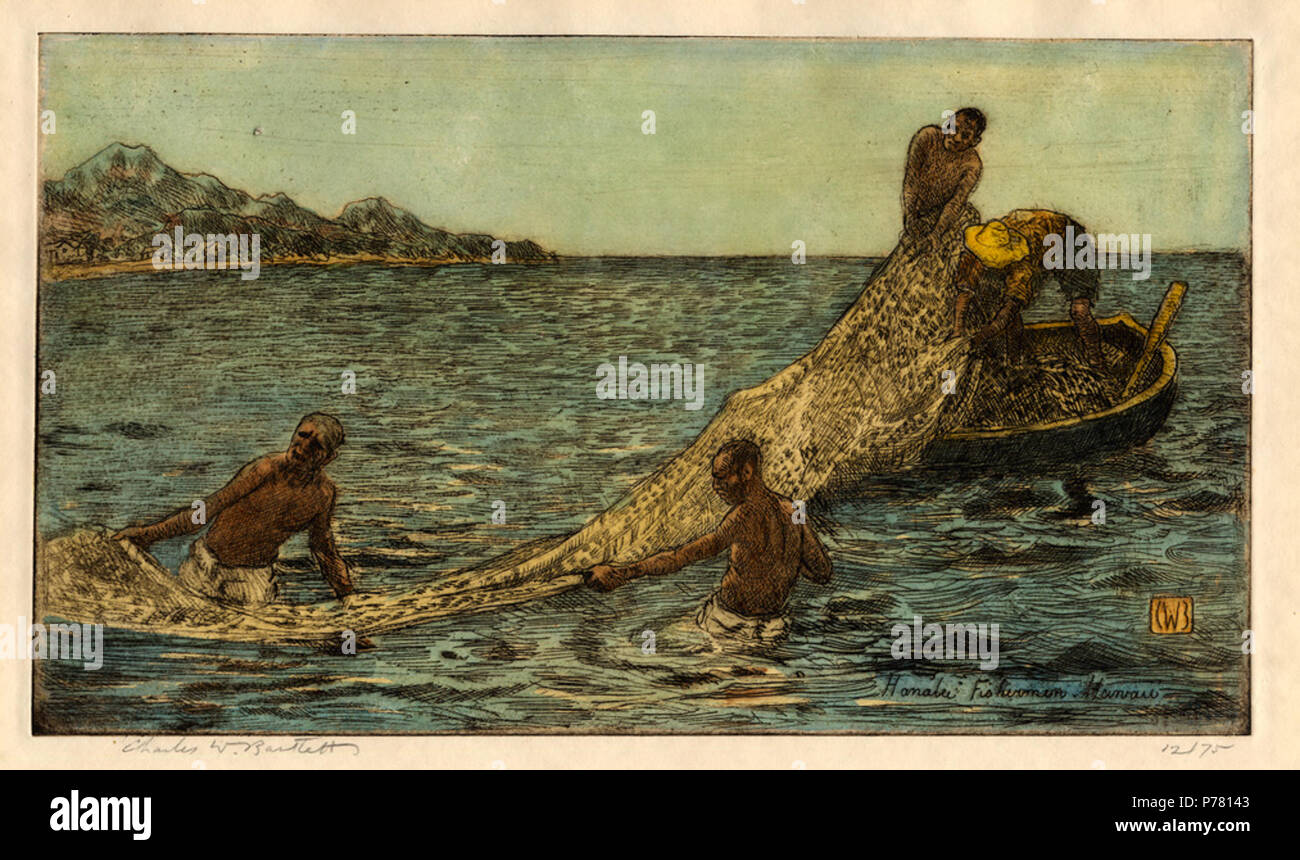 Inglese: i pescatori di Hanalei, lato attacco colorati da Charles W. Bartlett, c. 1923 . circa 1923 5 Charles Bartlett - i pescatori di Hanalei, attacco con colorazione a mano Foto Stock