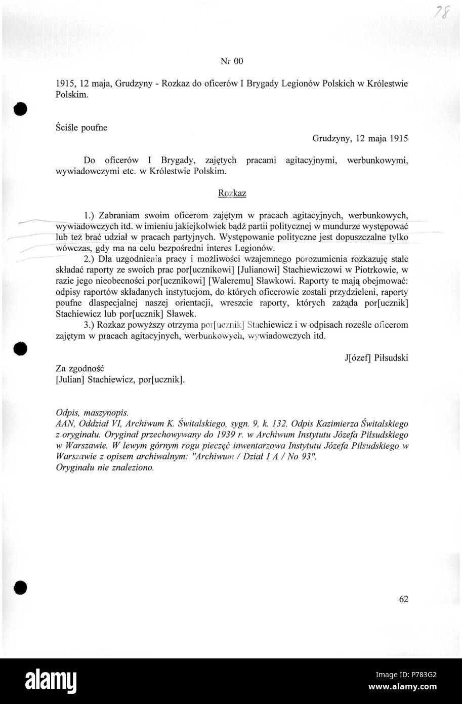 2 Józef Piłsudski - Rozkaz fare oficerów I Brygady Legionów Polskich w Królestwie - 701-001-100-078 Foto Stock