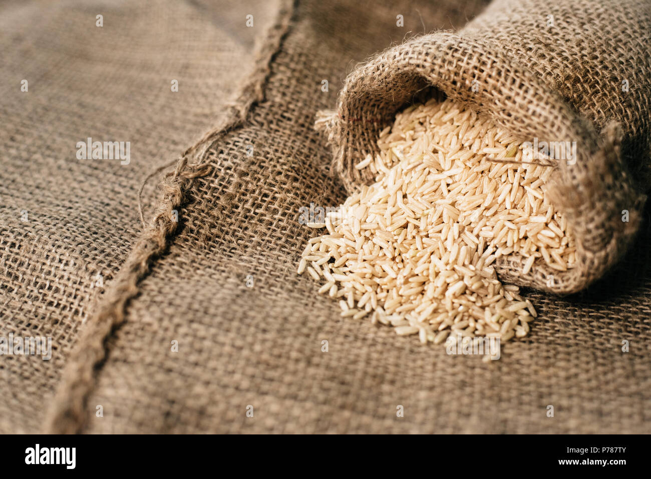 Non lucidato naturale riso marrone sul sacco. Il mangiare sano e concetto di cibo. Il fuoco selettivo Foto Stock