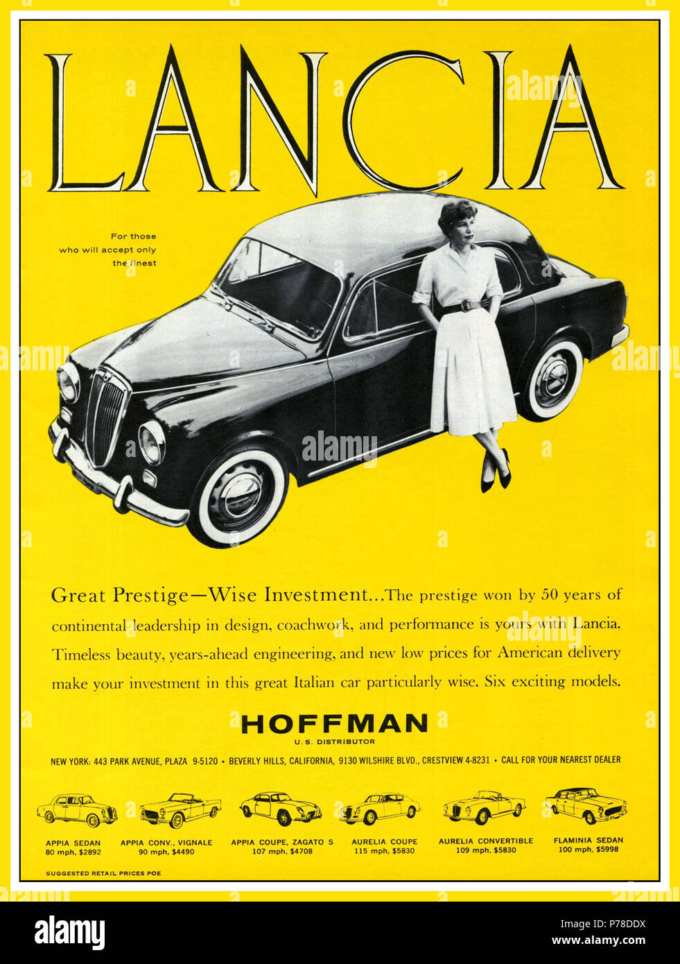 Vintage Lancia italiana anni cinquanta premere pubblicità per un Appia berlina autovettura dal distributore americano Hoffman - Aprile 1959 Foto Stock