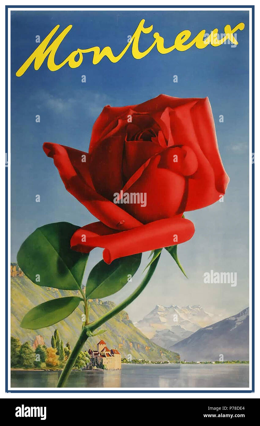 MONTREUX 1930 SVIZZERA RED ROSE VINTAGE TRAVEL POSTER VINTAGE SVIZZERO STORICO POSTER vacanze 1938 Foto Stock