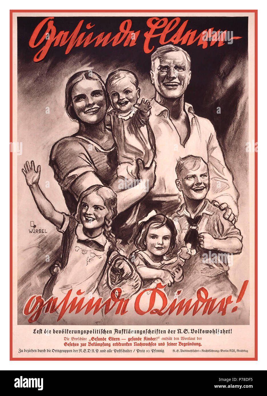1930 Vintage propaganda tedesca Poster "genitori sani - bambini sani!' poster pubblicitario per la politica della popolazione 'enlightenment' del NS-Volkswohlfahrt Berlino Germania 1934 Foto Stock