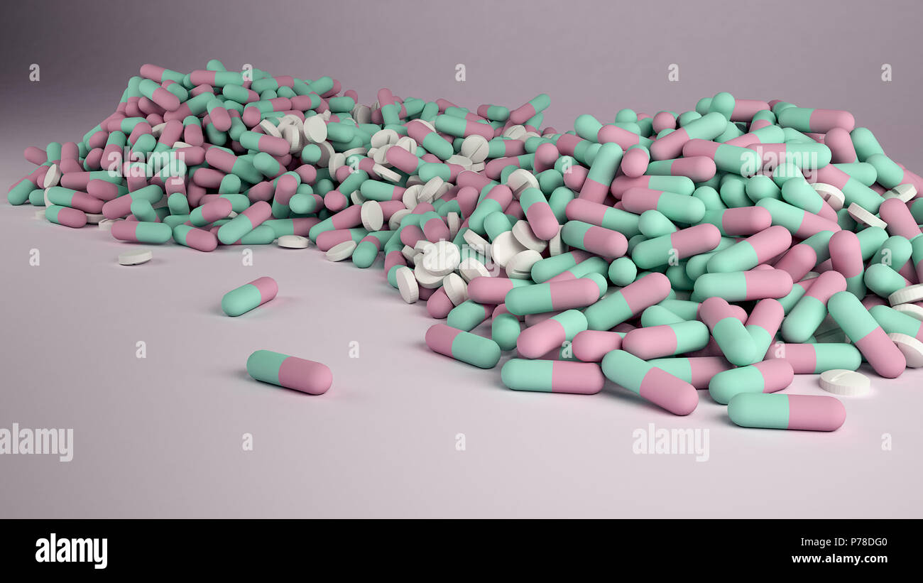 Pila di pillole e oppioidi antidolorifici. Foto Stock