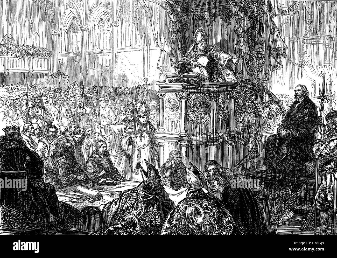 Hus, Juan (1371-1415), reformador religioso y escritor checo, el obispo de Lodi predicando duranti el proceso contra Hus. Foto Stock