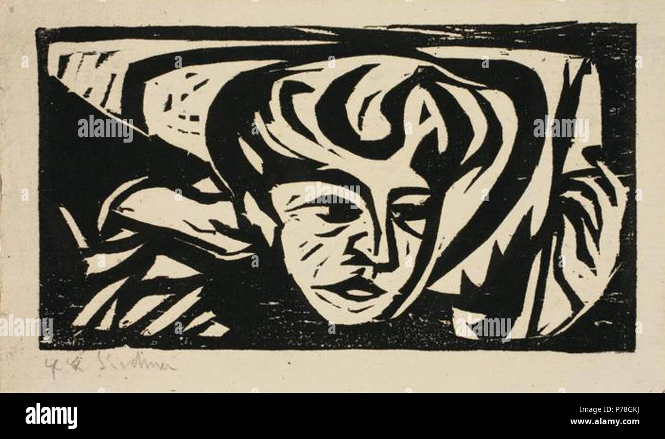 "Kopf Dodo auf Kissen". 1906. Holzschnitt auf grauem Bütten. 9,9 x 18 cm (12,4 x 20,3 cm) Signiert. 1906 10 Ernst Ludwig Kirchner Kopf Dodo auf Kissen Foto Stock