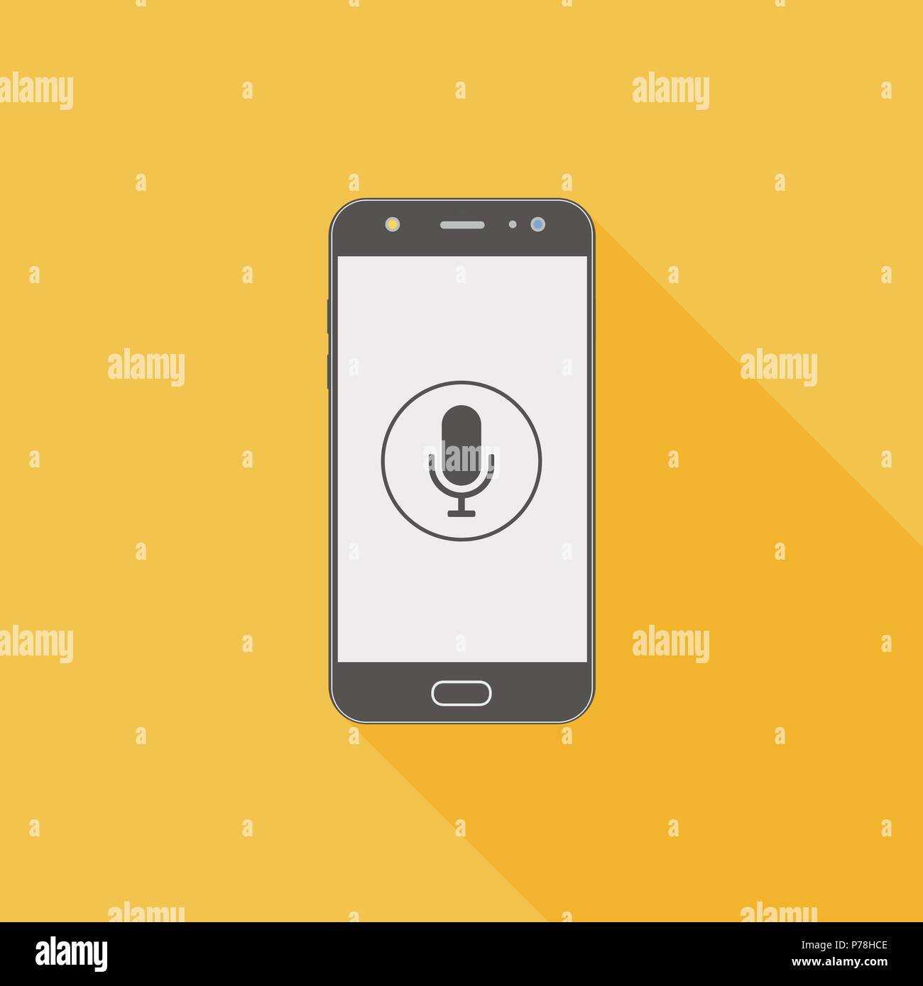 Smartphone con Assistente vocale, il riconoscimento vocale e la relativa icona. Moderno simbolo del telefono cellulare. Illustrazione Vettoriale
