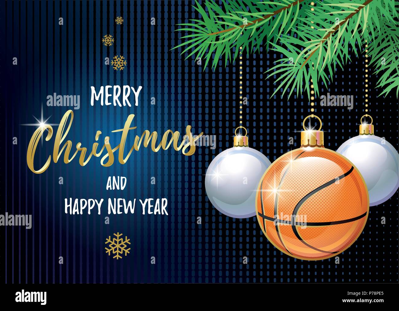 Buon Natale e Felice Anno Nuovo. Sport biglietto di auguri. Il basket ball come una palla di Natale. Illustrazione Vettoriale. Illustrazione Vettoriale