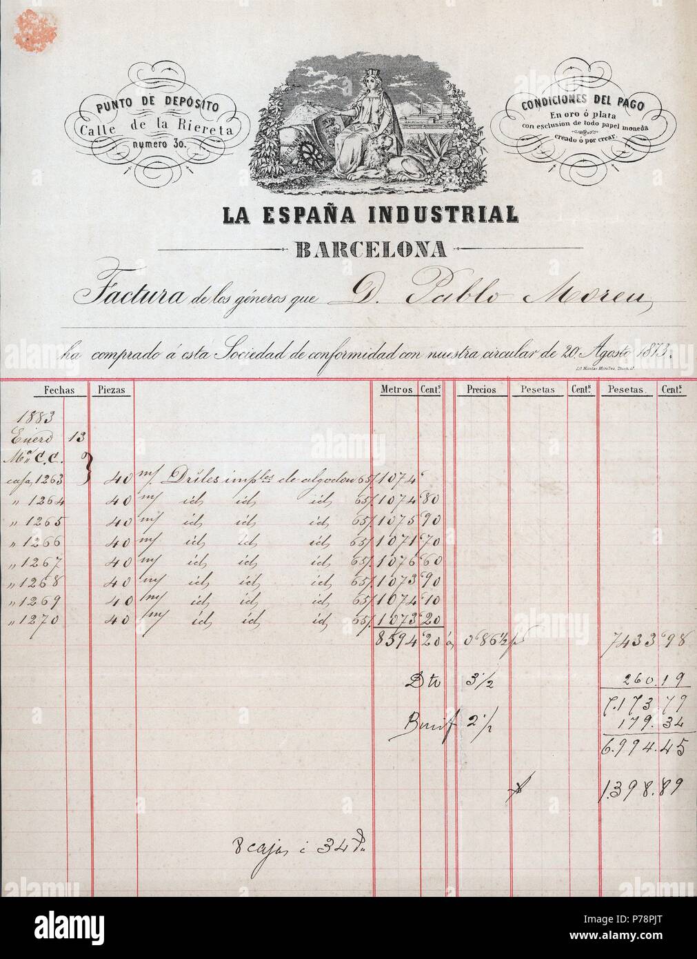 Factura comercial emitida por La España Industrial. Agosto de 1873. Foto Stock