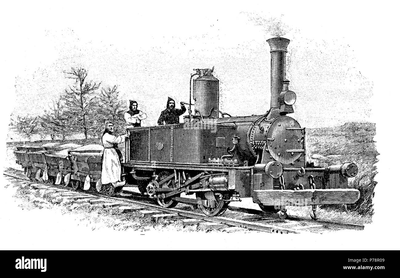 Tren para la explotación del caolín, en la Trapa de Soligny, Francia en 1901. Foto Stock