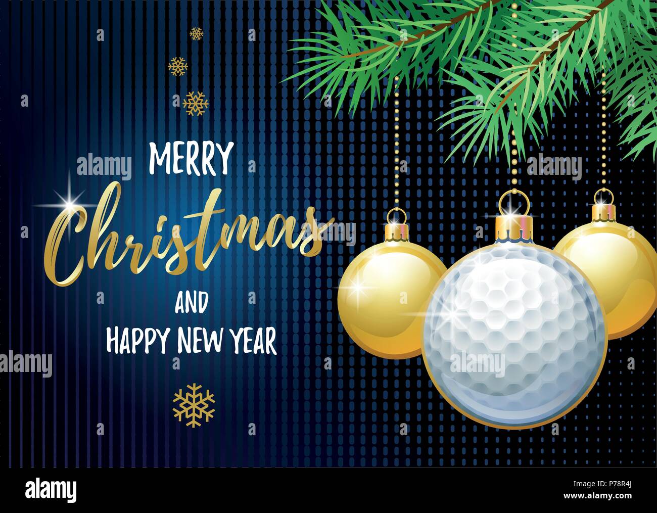 Buon Natale e Felice Anno Nuovo. Sport biglietto di auguri. Palla da golf come una palla di Natale. Illustrazione Vettoriale. Illustrazione Vettoriale