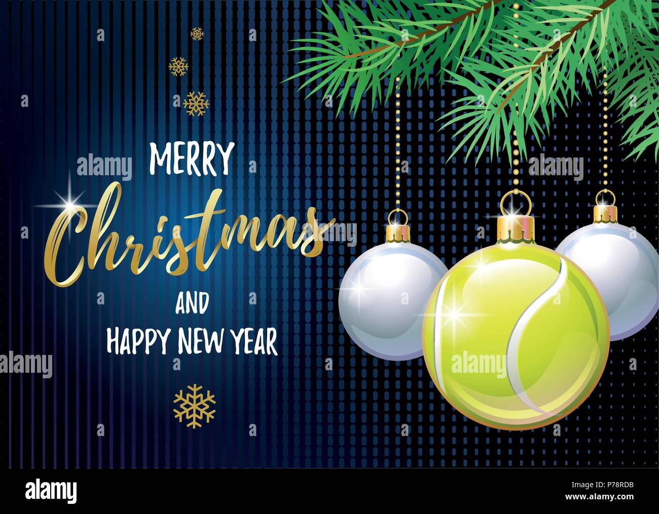 Buon Natale e Felice Anno Nuovo. Sport biglietto di auguri. Palla da tennis come una palla di Natale. Illustrazione Vettoriale. Illustrazione Vettoriale