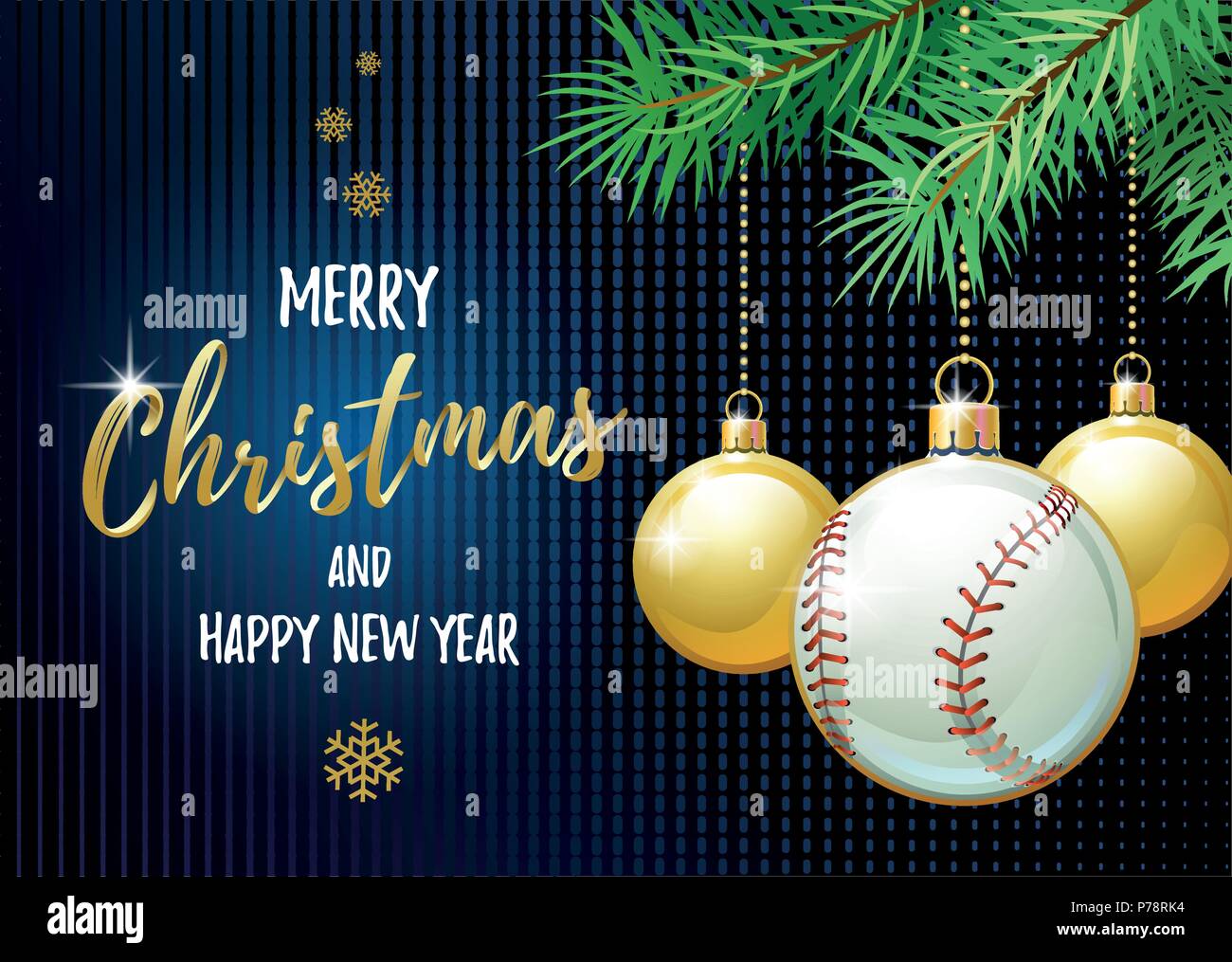 Buon Natale e Felice Anno Nuovo. Sport biglietto di auguri. Palla da baseball come una palla di Natale. Illustrazione Vettoriale. Illustrazione Vettoriale