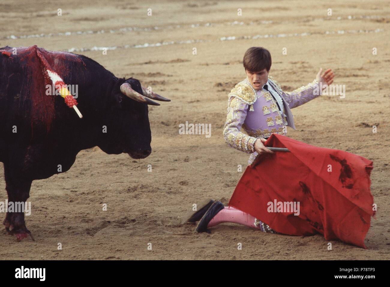 ESPARTACO JUAN ANTONIO RUIZ MATADOR DE TOROS ESPAÑOL . ESPARTINAS 1962 - año 1989 TOREANDO DE RODILLAS;. Foto Stock
