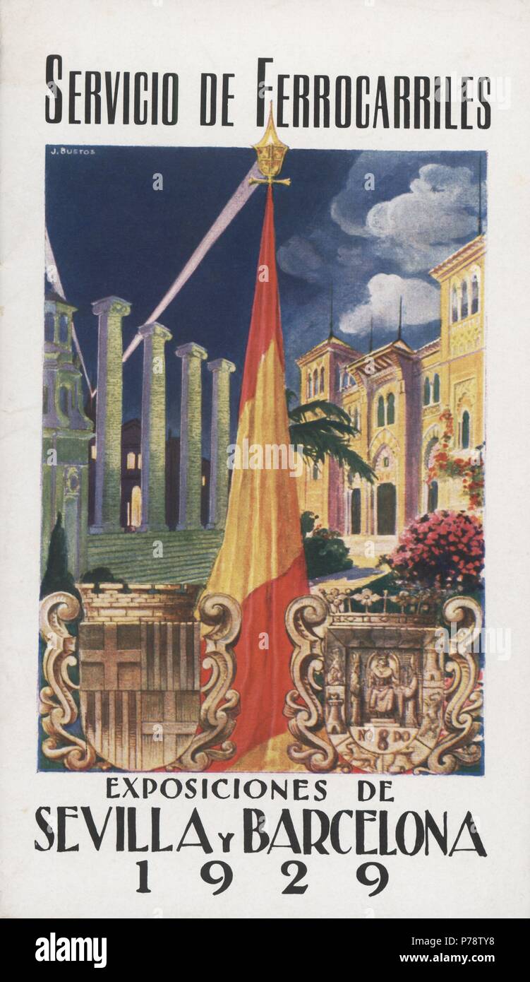 España. Folleto del Servicio de Ferrocarriles para las exposiciones internacionales de Sevilla y Barcelona en 1929. Foto Stock