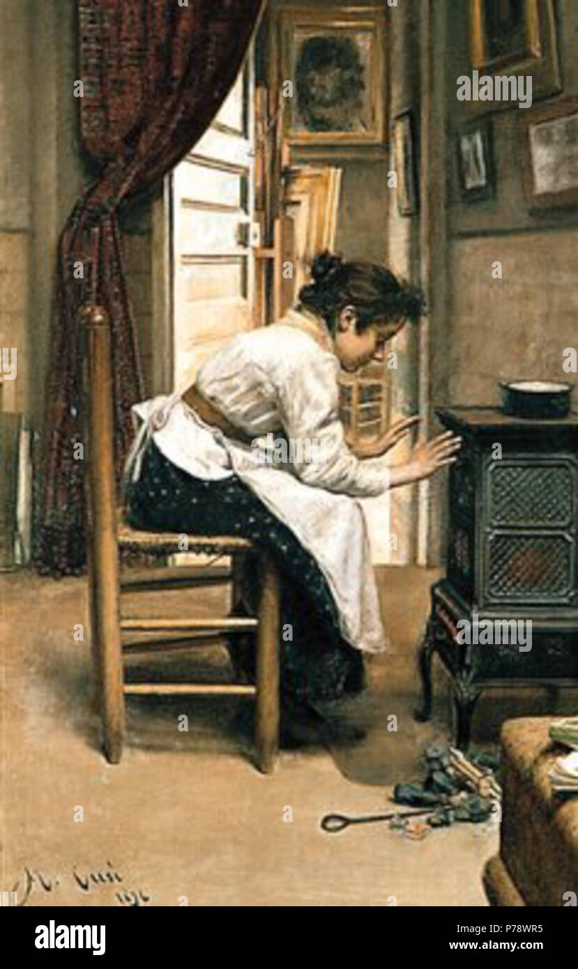 . Accanto al fuoco . Català: dona al costat de l'estufa (1896), de Manuel Cusí ho Ferret . 1896 17 dona al costat de l'estufa Foto Stock