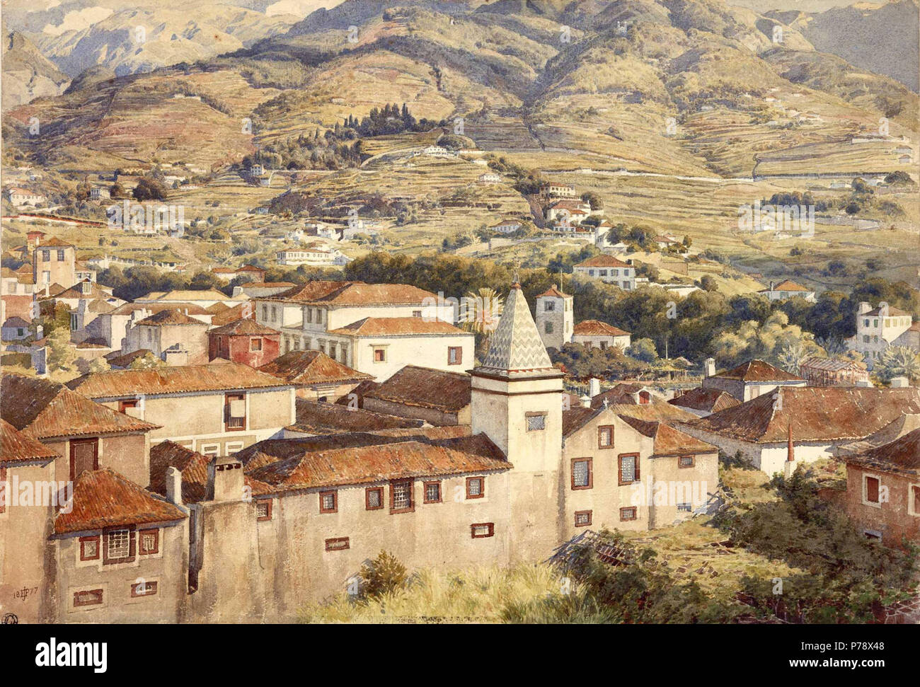 . Funchal, sole di mattina . Obs. - In primo piano si vede il Convento das Mercês (demolita intorno al 1910), probabilmente visto dalla veranda dell'Hotel Reids Santa Clara. Iniziando il suo angolo a destra, Rua das Mercês (tratto superiore), con i suoi numerosi manieri e le case dei nobili. In collina la chiesa di Nossa Senhora do Monte. La linea di albero in centro - alberi di acero, molto probabilmente - segna il corso della Ribeira de Santa Luzia, oggi Rua 31 de Janeiro, poi la Rua das Árvores (alberi street) . 1877 18 Edward John Poynter - Funchal, sole al mattino Foto Stock