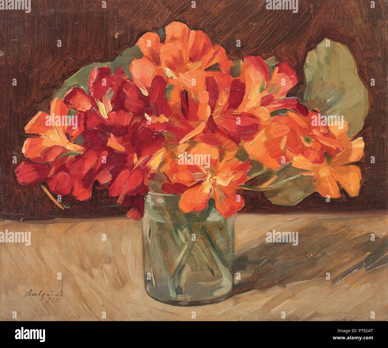 Român: Petre Bulgra - Frezii, ulei cartone pe, 31 x 37 cm, semnat mi stânga datat jos, cu negru, Bulgra, (1)933 . 1933 46 Petre Bulgaras - Frezii Foto Stock