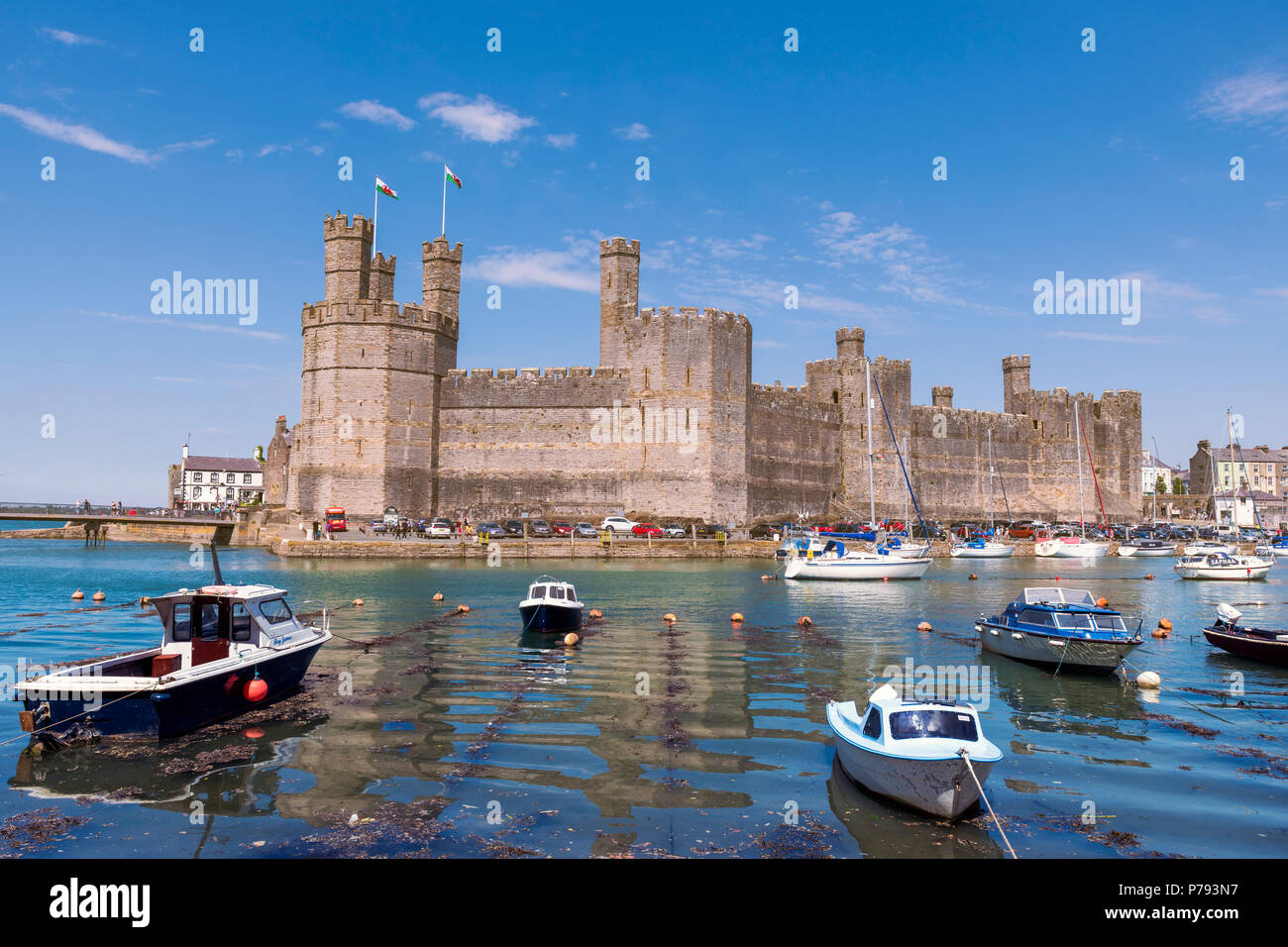 Caernarfon Castle Wales, Regno Unito. Giornata di sole in estate con le barche nel porto. Foto Stock