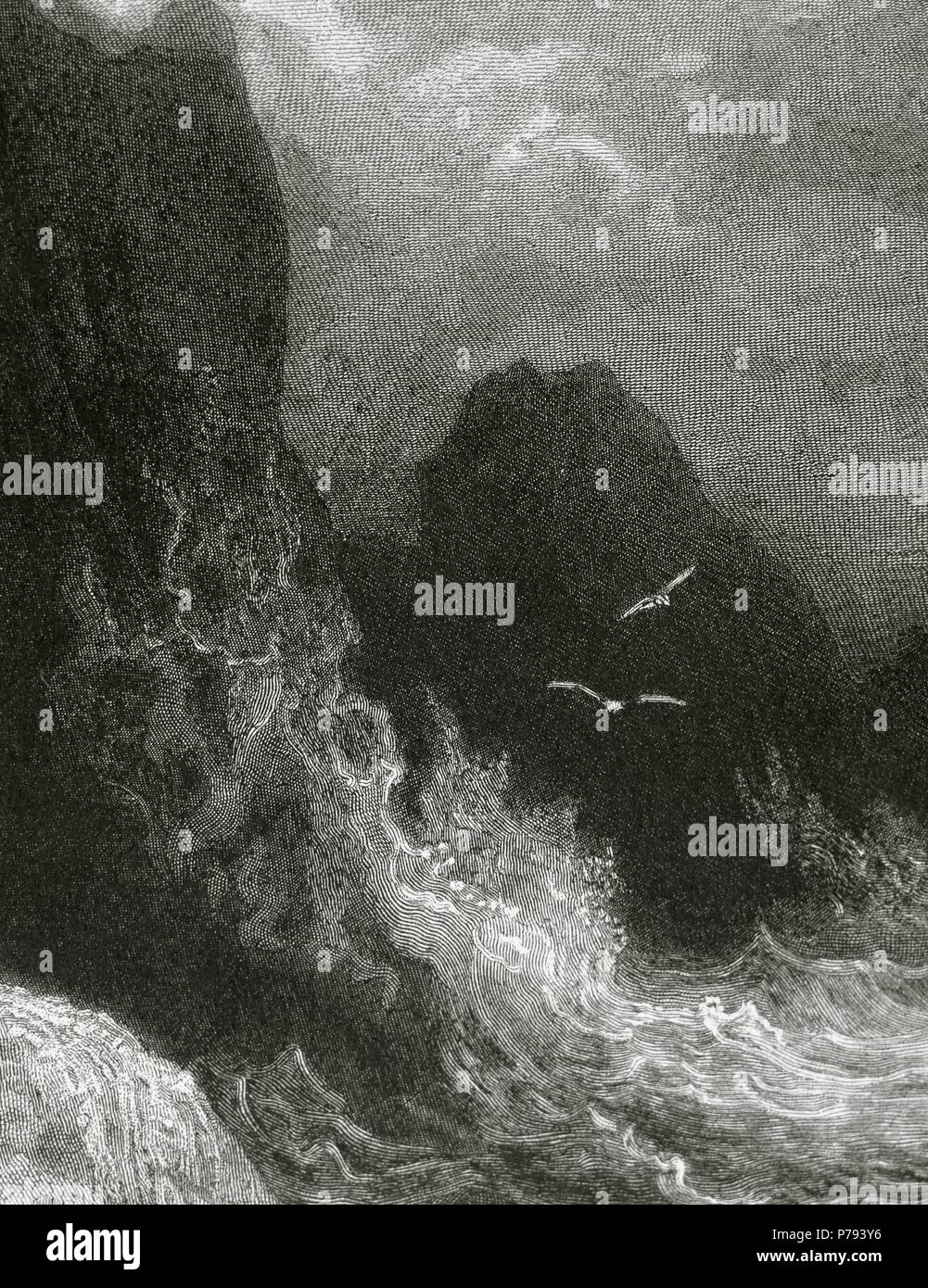 Idilli del re. Pubblicato 1559-1885. Ciclo di poemi narrativi dal poeta inglese Lord Alfred Tennyson (1809-1892). Incisione di Gustave Dore . Costa della Bretagna. Foto Stock