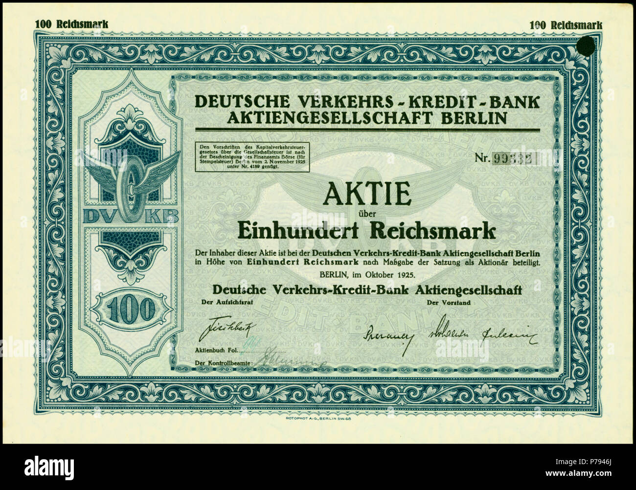 Inglese: Quota di Deutsche Verkehrs-Kredit-Bank AG, emesso nell'ottobre 1925 Deutsch: Aktie über 100 RM der deutsche Verkehrs-Kredit-Bank AG vom Oktober 1925 . 1 Ottobre 1925 2 DVKB 1925 Foto Stock