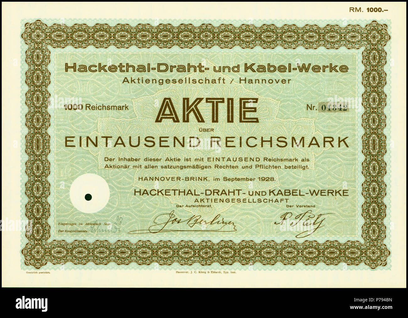Inglese: Quota di Hackethal Draht & Kabelwerke AG, rilasciata a settembre 1928 Deutsch: Aktie über 1000 RM der Hackethal Draht & Kabelwerke AG vom Settembre 1928 . 1 Settembre 1928 3 Hackethal-Draht- und Kabel-Werke AG 1928 Foto Stock