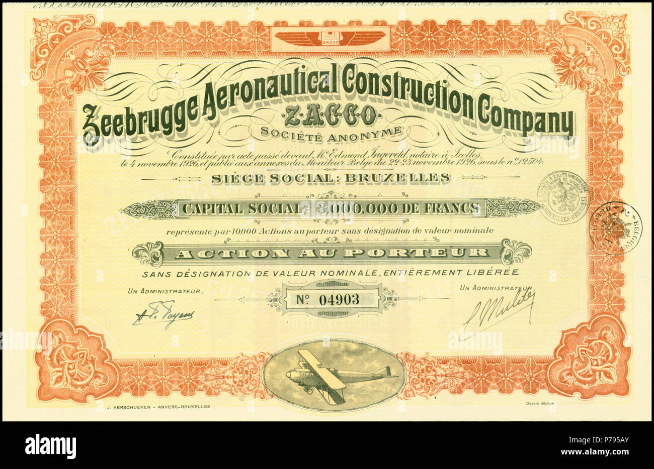 Deutsch: Aktie der Ateliers de costruzioni Aeronautiques de Zeebrügge (ZACCO) vom novembre 1926; aus dem Fundus des Ersten Deutschen Historic-Actien-museo e.V. (EDHAM), Kürnbach . 23 Novembre 1926 7 Zeebrugge costruzione aeronautica 1926 Foto Stock