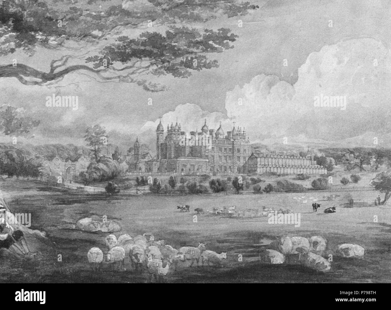 Inglese: un dipinto del giardino anteriore del Capesthorne Hall, Cheshire, dal suo architetto Edward Blore . circa 1827 12 Capesthorne Hall 1 Foto Stock