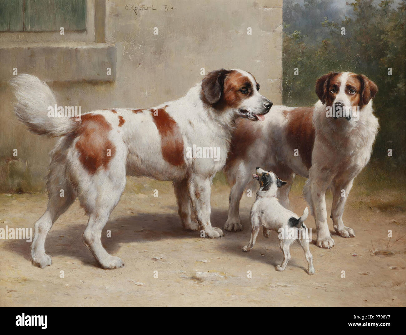 Deutsch: 'Drei hunde', oben signiert und datiert C. Reichert (1)906, Öl auf Holz, ca. 26 x 34 cm . 1906 13 Carl Reichert Drei Hunde 1906 Foto Stock