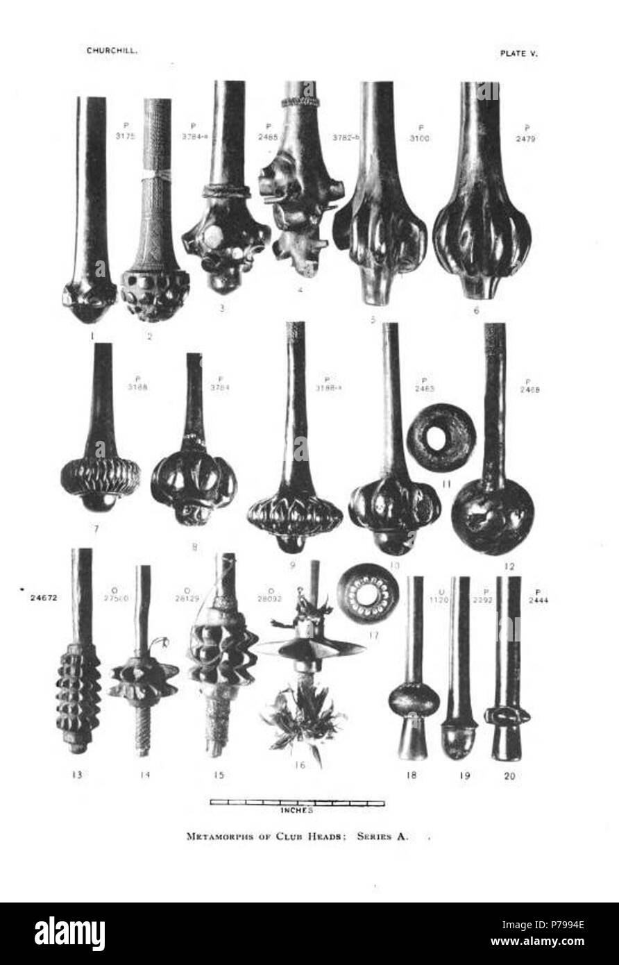 Inglese: la piastra dal libro di antropologo William Churchill . 1917 13 Club tipi di Polinesia nucleare Foto Stock