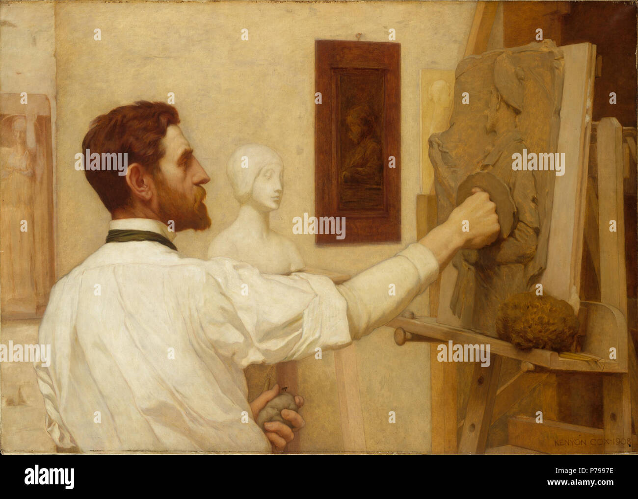 . Augustus Saint-Gaudens . Cox e Augustus Saint-Gaudens (1848-1907) si è riunita a Parigi nel 1870 e scambiate i ritratti in 1887: un dipinto ad olio per un rilievo bronzeo. La tela originale è stata persa in Saint-Gaudens's 1904 studio fuoco, così Cox ha creato questa replica in tempo per il Metropolitan Museum di 1908 memorial mostra dello scultore di lavoro. 1908 14 Kenyon Cox - Ritratto di Augustus Saint-Gaudens Foto Stock