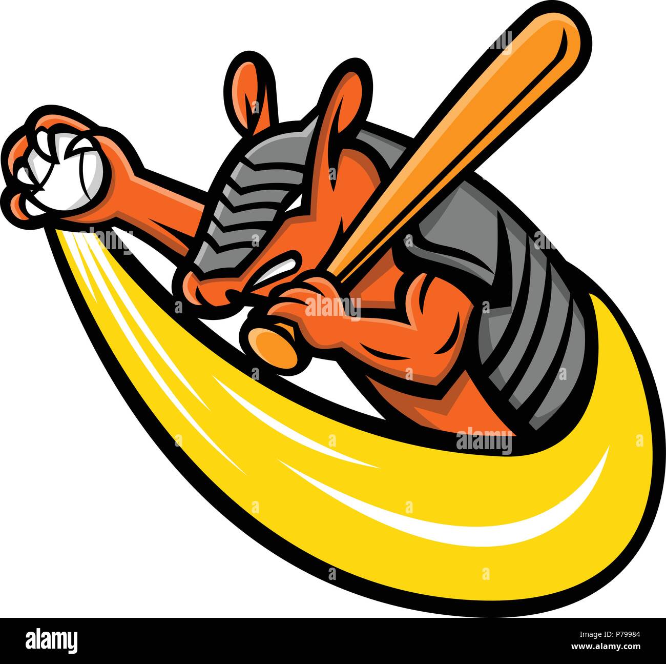 Icona di mascotte illustrazione di un armadillo, un nuovo mondo fa mammifero con una corazza coriacea shell, tenendo in mano una mazza da baseball e la sfera a visione laterale Illustrazione Vettoriale