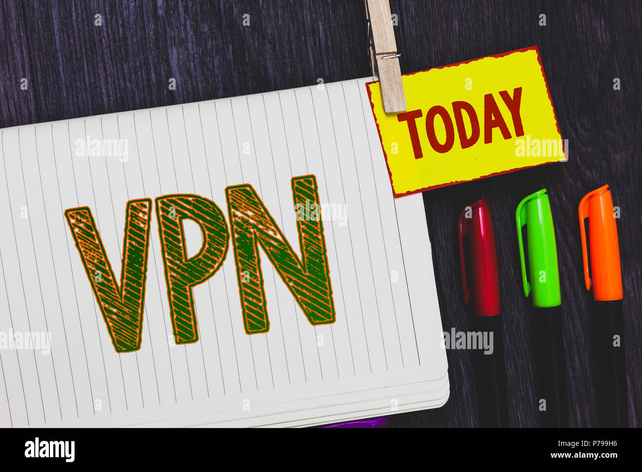 La grafia la scrittura di testo VPN. Concetto significato fissato rete privata virtuale attraverso il dominio riservato carte protette le penne per marcatura sono bella arte daily c Foto Stock